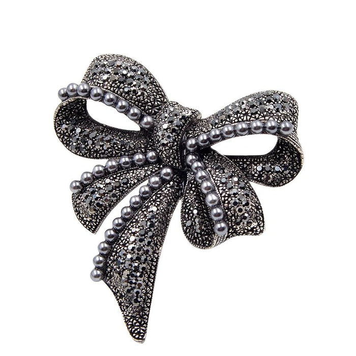 Rhinestone Black Ribbon Pearls Brooch