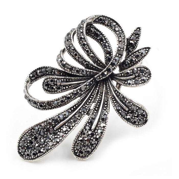 Rhinestone Black Flower Brooch