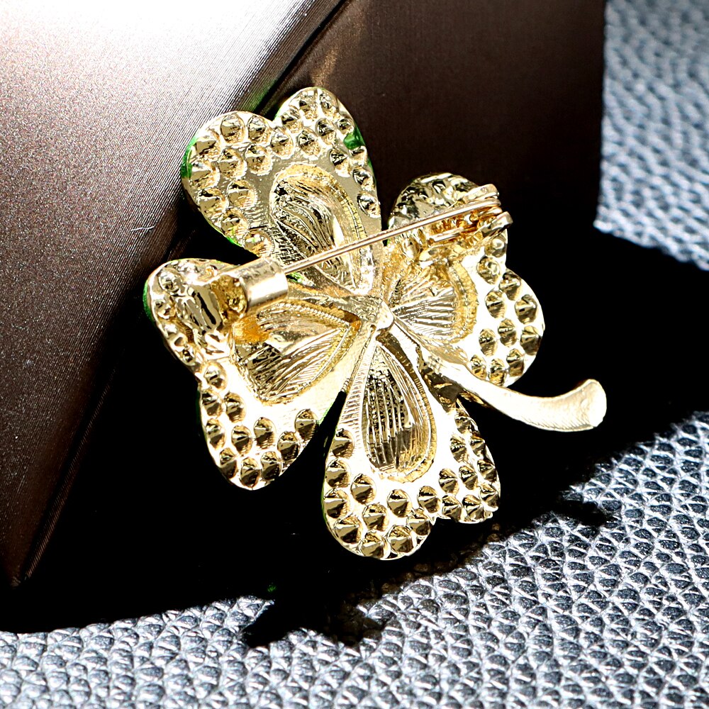 Rhinestone Green Clover Brooch