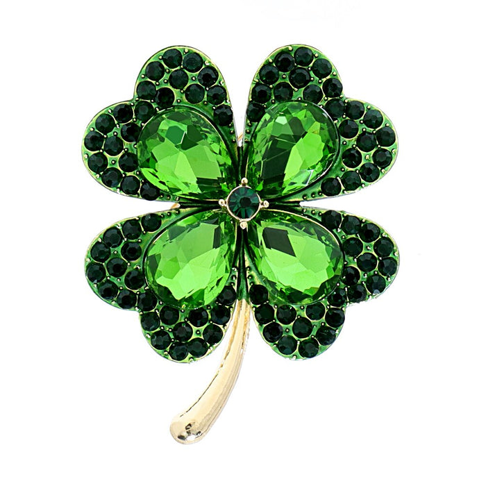 Rhinestone Green Clover Brooch