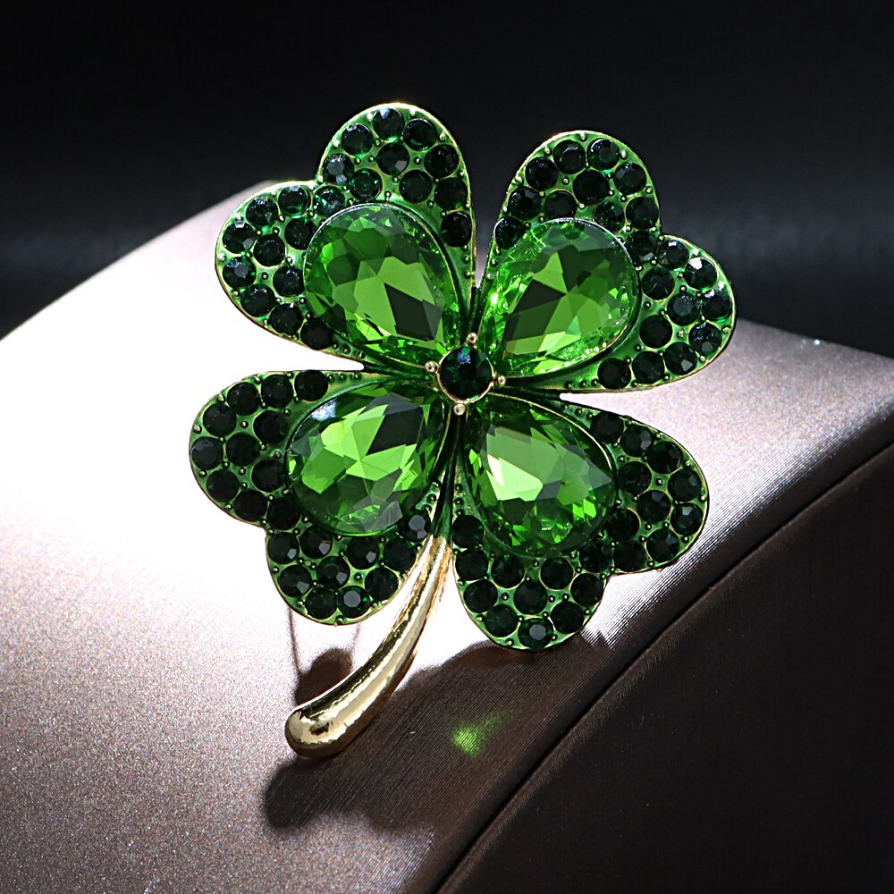 Rhinestone Green Clover Brooch