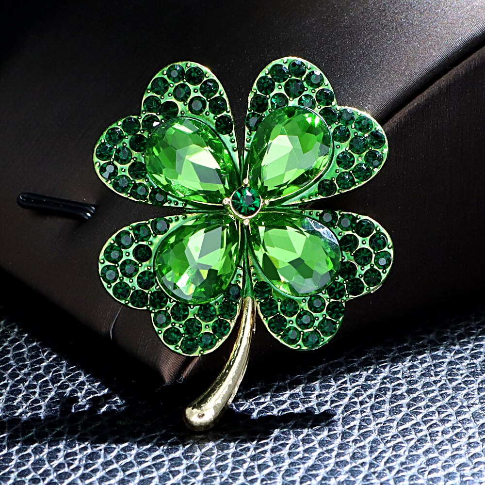 Rhinestone Green Clover Brooch